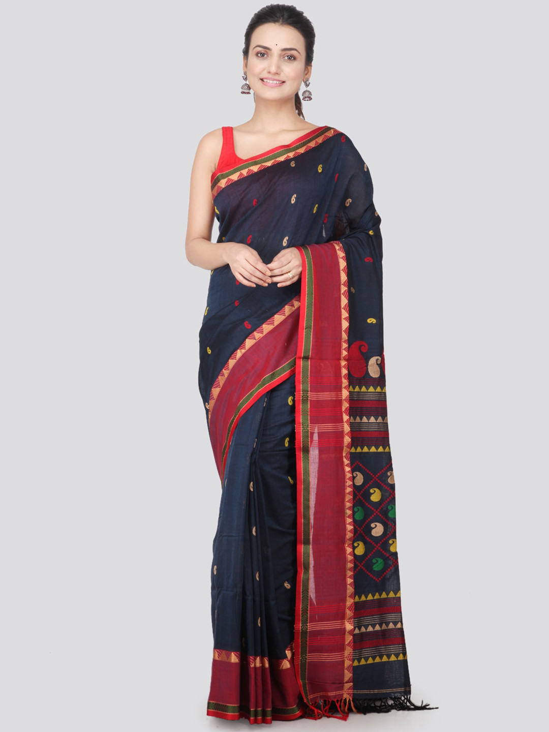 PinkLoom Teal Blue & Red Pure Cotton Woven Design Handloom Saree