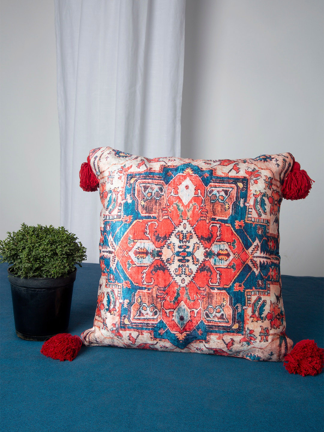 HOSTA HOMES Red & Blue Set of Single Ethnic Motifs Square Cushion Covers