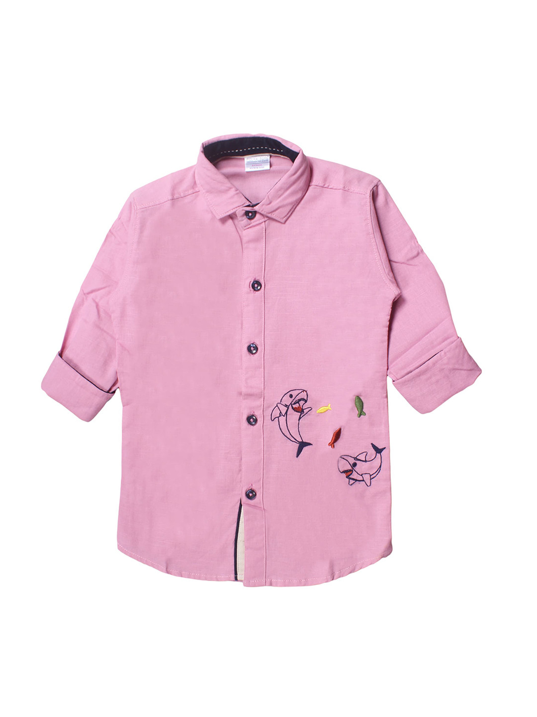 Polka Tots Boys Pink & Black Regular Fit Solid Casual Shirt