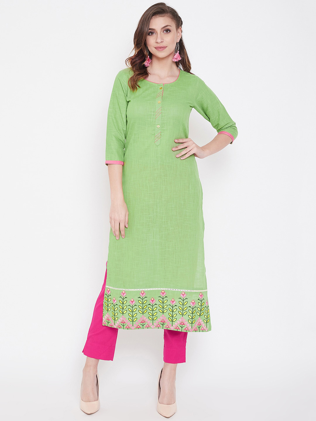 WineRed Women Green & Pink Solid Straight Kurta