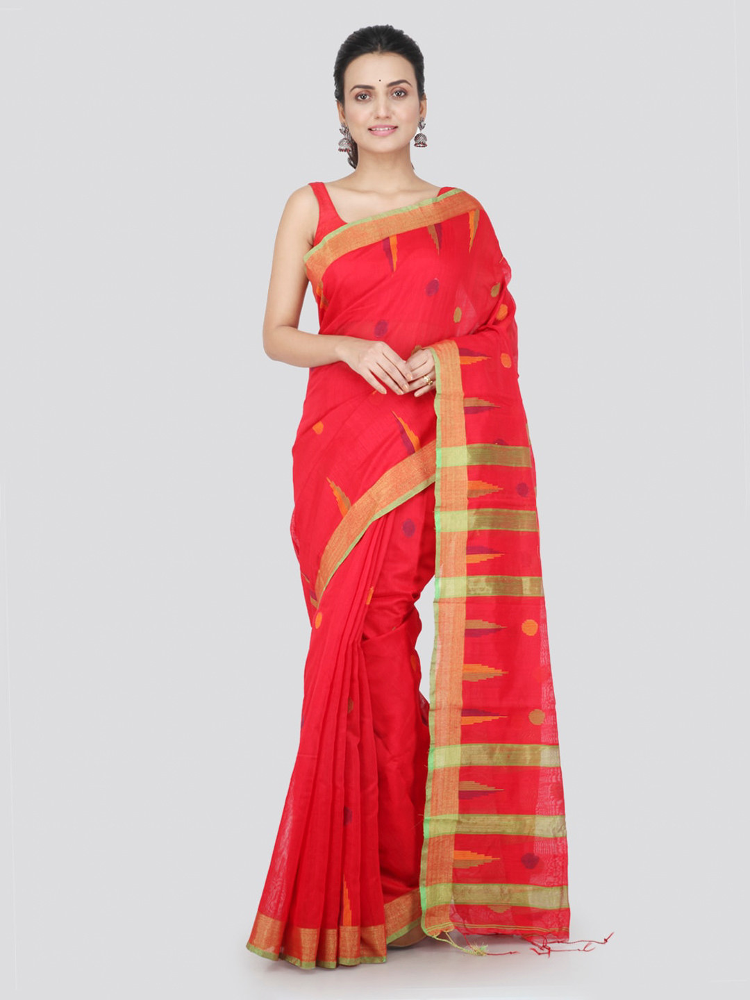 PinkLoom Red & Yellow Cotton Blend Woven Design Handloom Saree