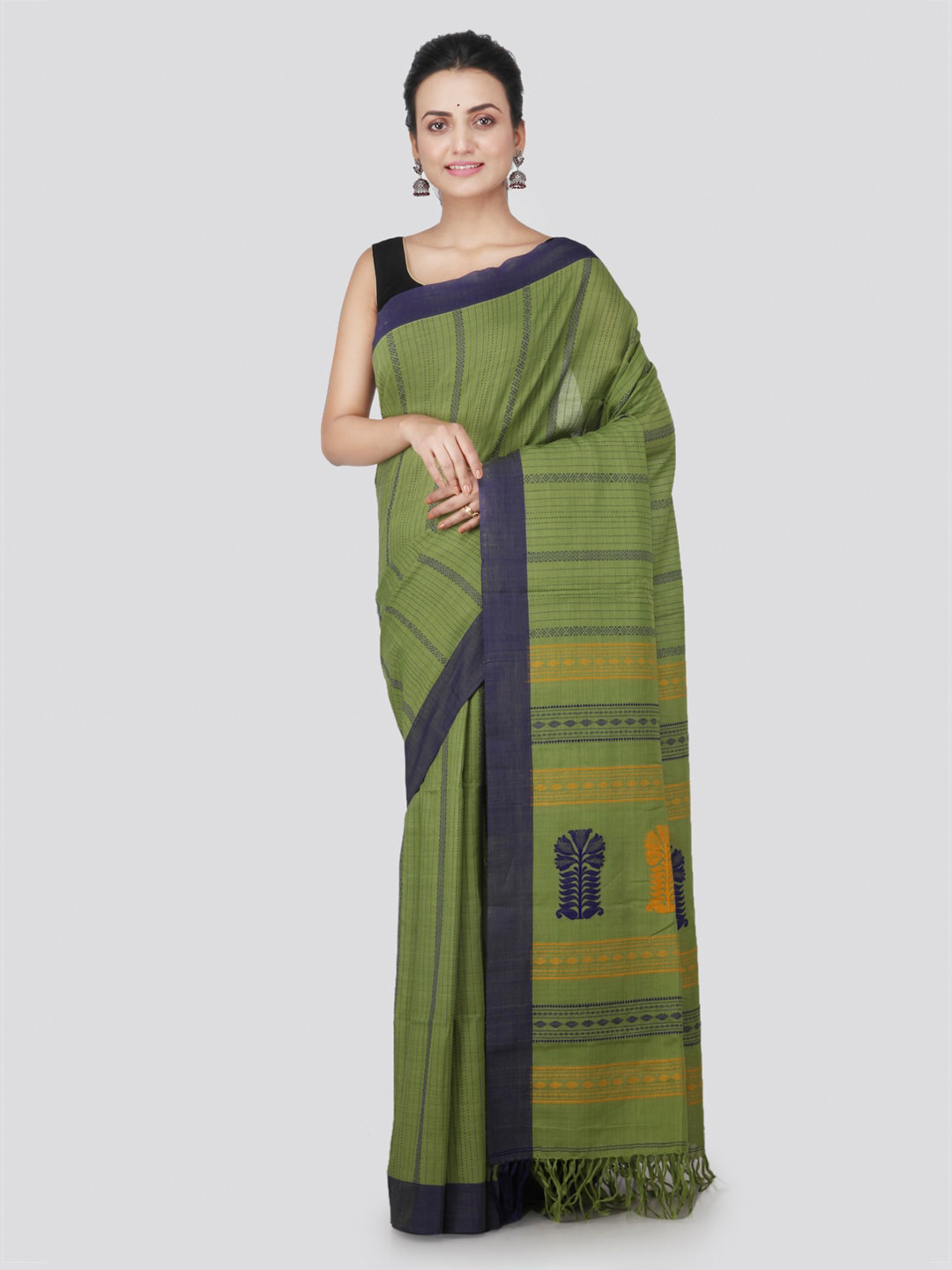 PinkLoom Olive Green Pure Cotton Woven Design Handloom Saree
