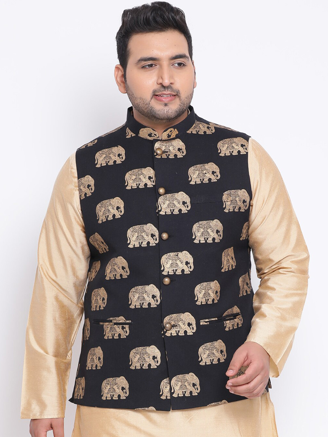 KISAH PLUS Men Black & Beige Printed Nehru Jacket