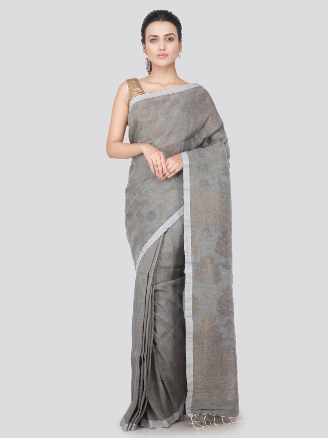 PinkLoom Grey Linen Blend Woven Design Jamdani Saree
