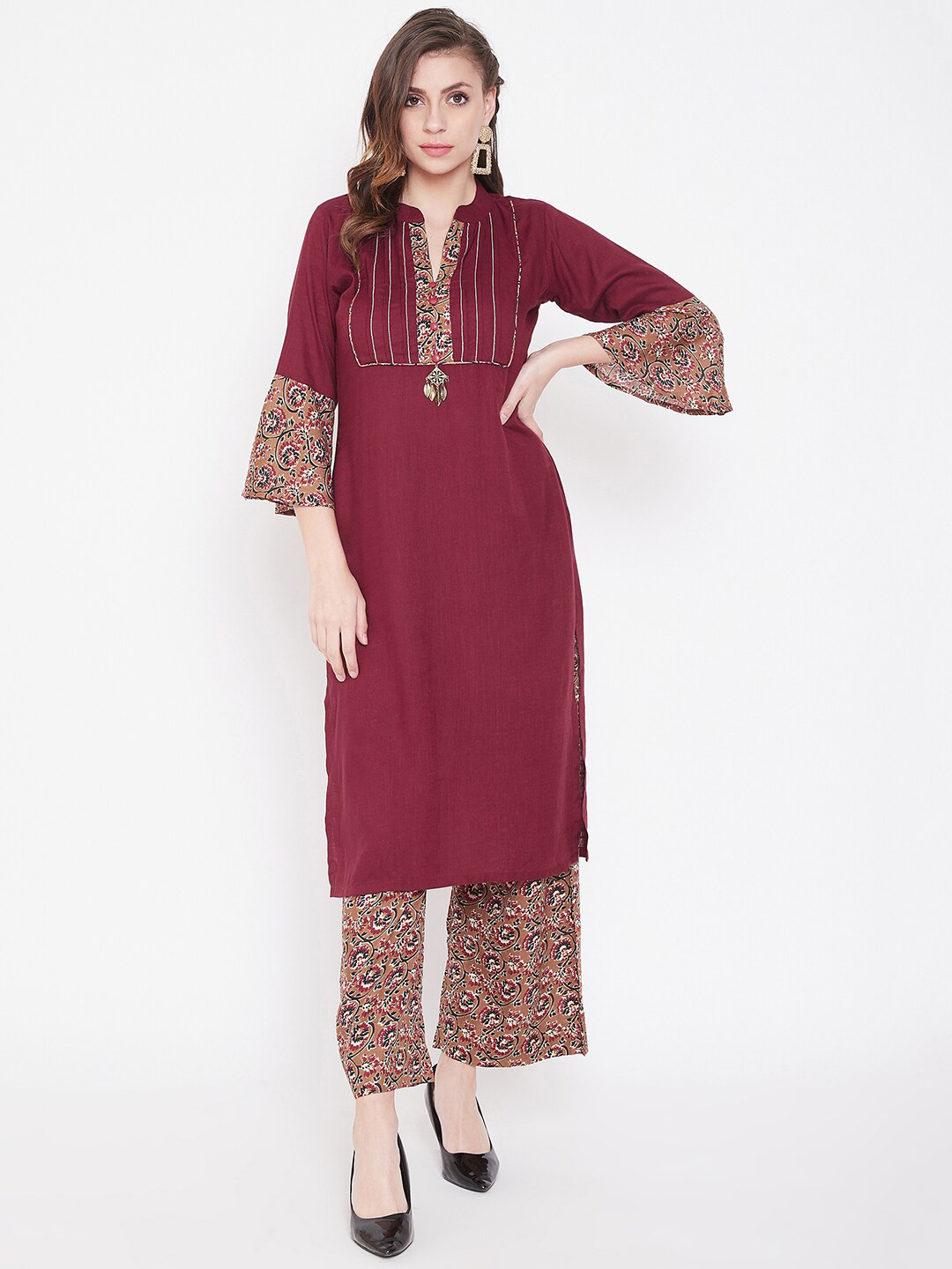 WineRed Women Maroon Solid Kurta with Palazzos
