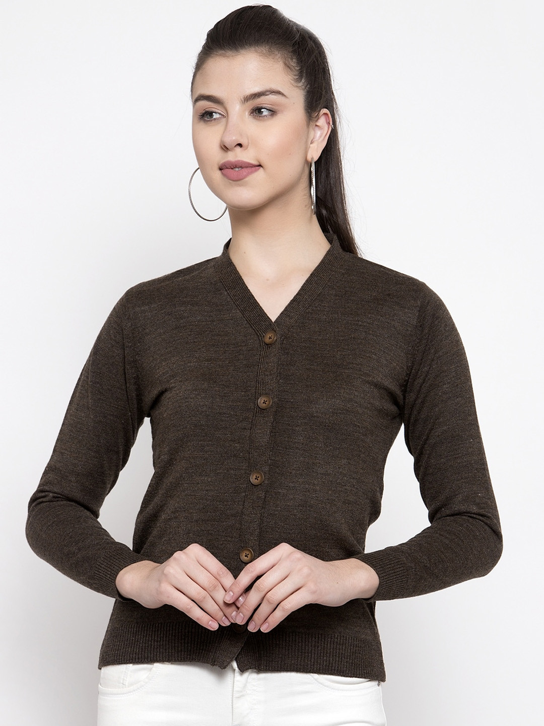 Kalt Women Coffee Brown Solid Cardigan Sweater