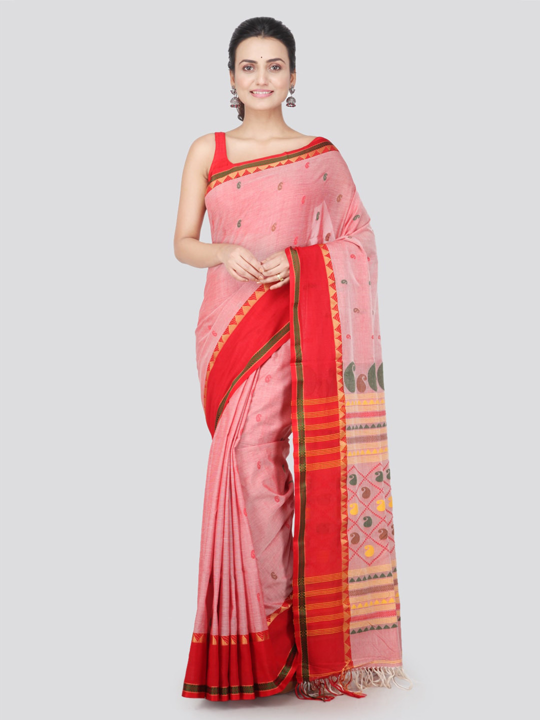 PinkLoom Red Pure Cotton Woven Design Handloom Sustainable Saree