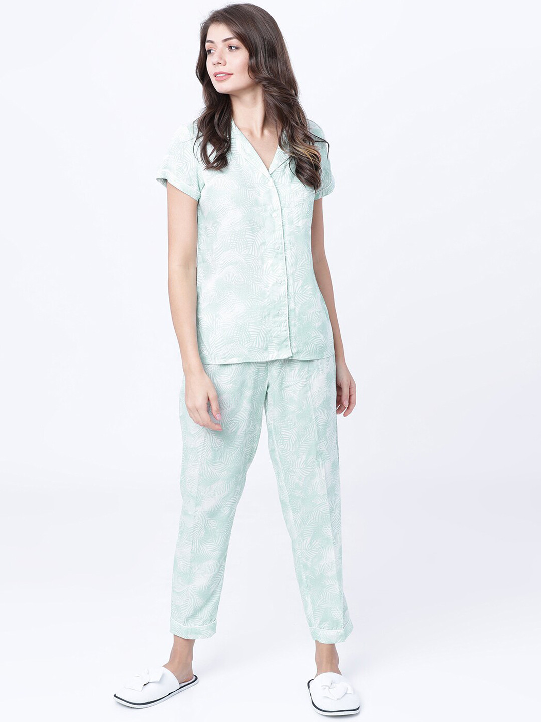 Tokyo Talkies Women Green & White Printed Night Suit