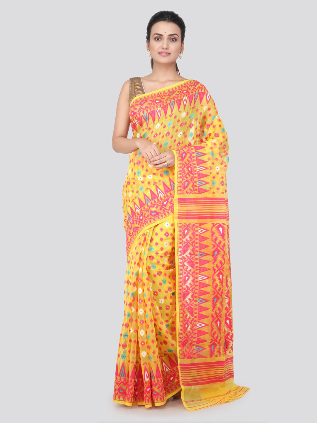 PinkLoom Yellow Pure Cotton Woven Design Jamdani Sustainable Saree