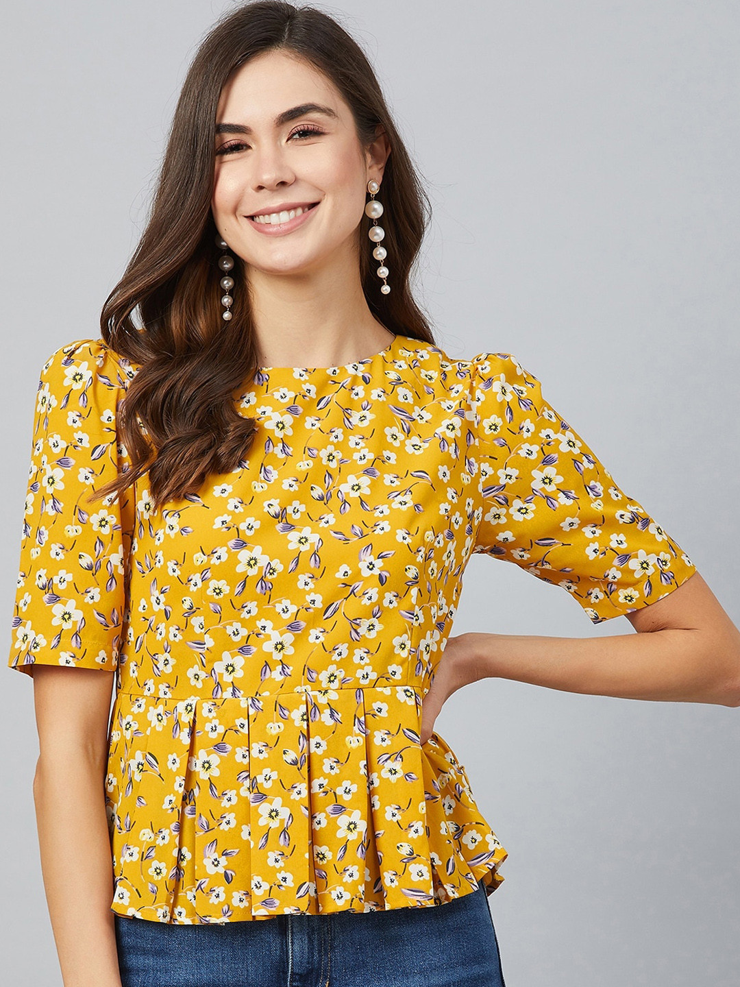 Marie Claire Women Mustard Printed Peplum Top