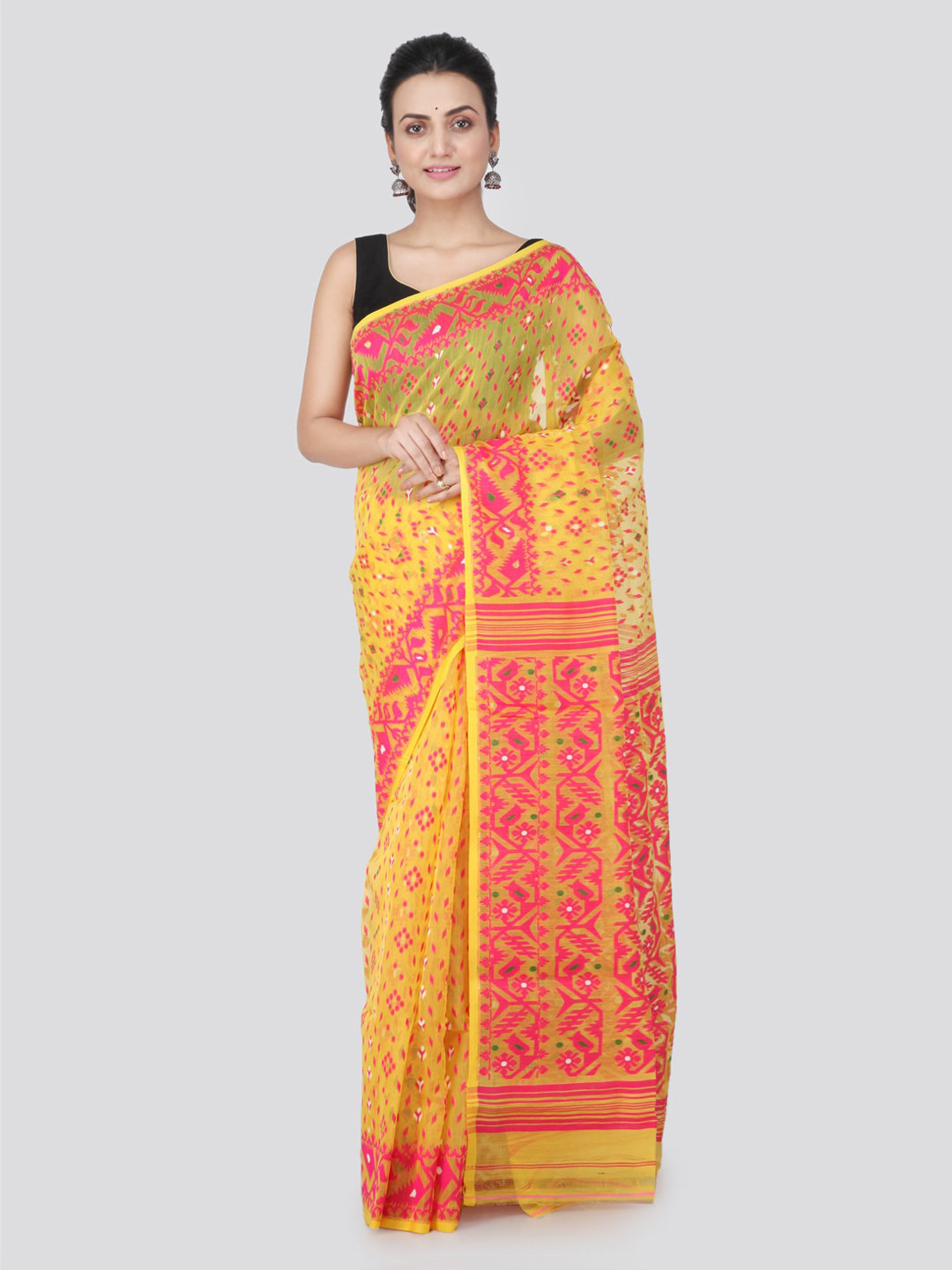PinkLoom Yellow & Pink Pure Cotton Woven Design Handloom Saree