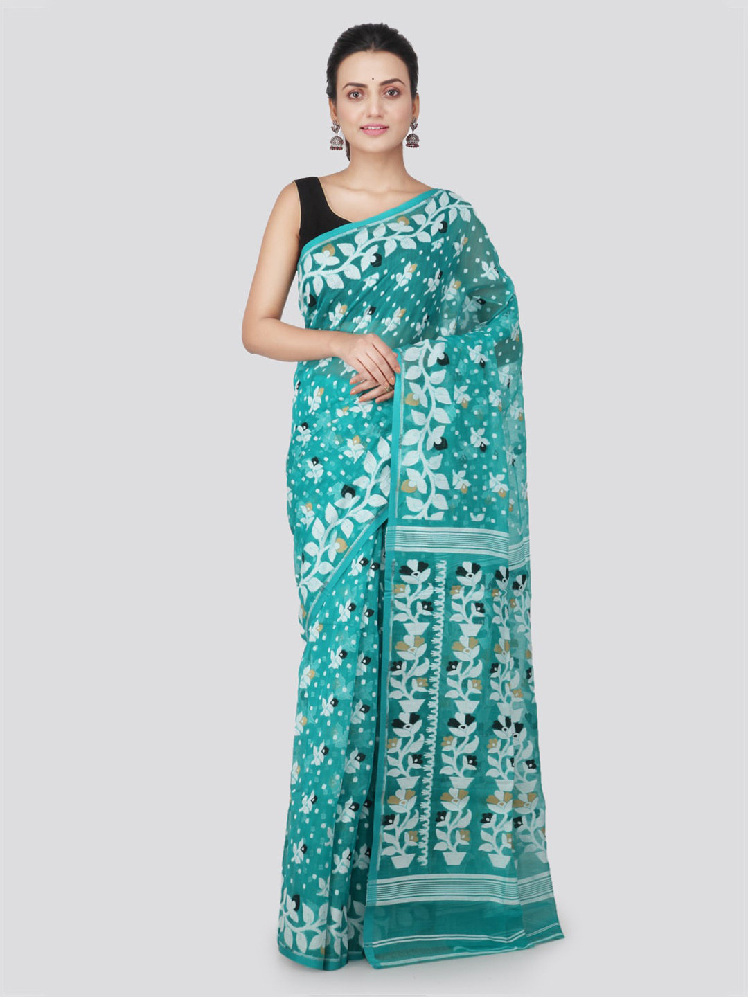 PinkLoom Turquoise Blue & White Pure Cotton Woven Design Handloom Jamdani Sustainable Saree