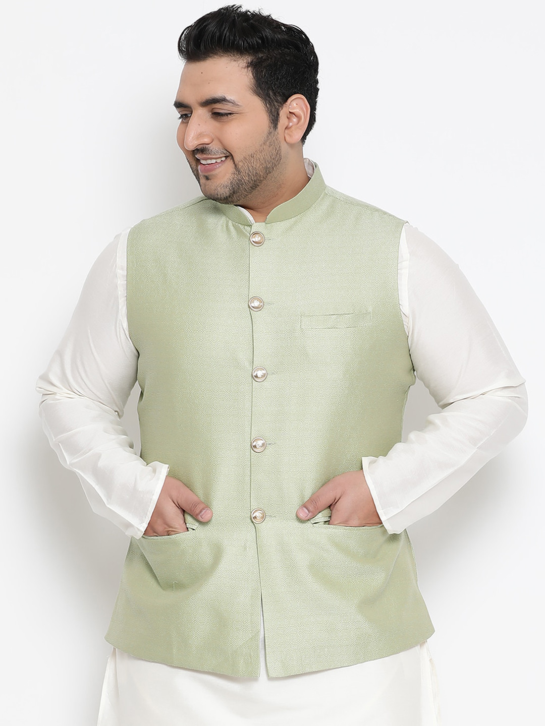 KISAH PLUS Men Green Woven Design Nehru Jacket