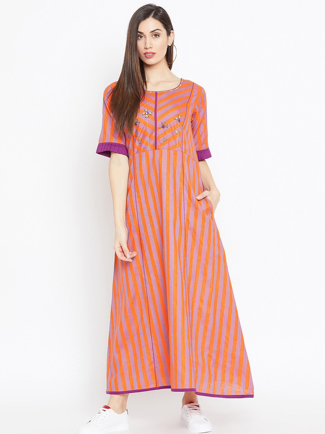 WineRed Women Orange Striped Maxi Dress
