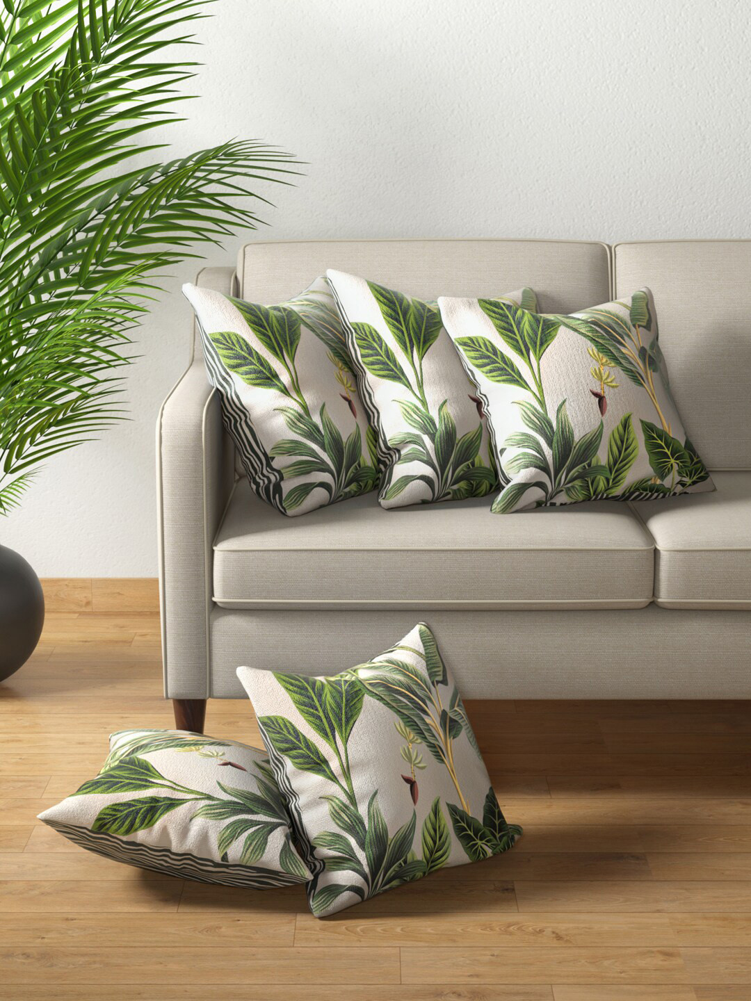 PETAL HOME Set of 5 Off-White & Green Floral Printed Square Cushion Covers