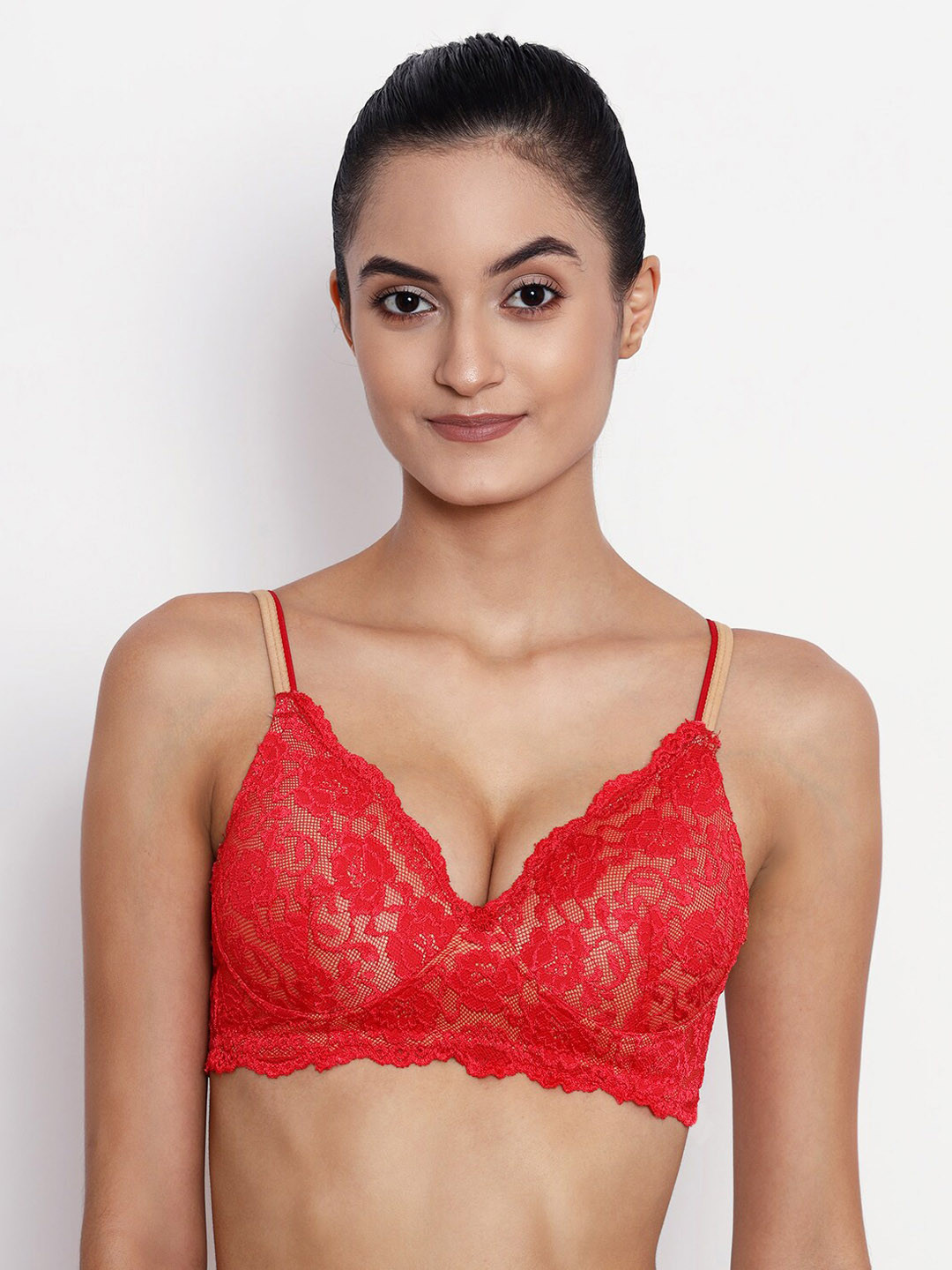 ABELINO Red Self Design Non-Wired Heavily Padded Push-Up Bra LEOREDSKIN