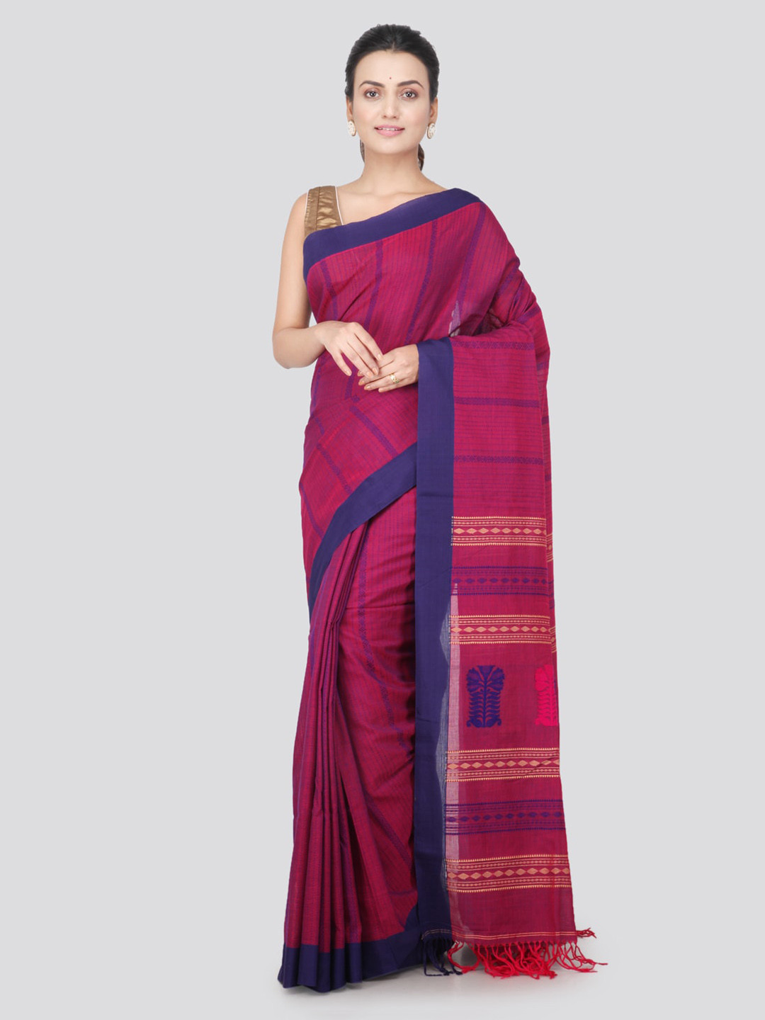 PinkLoom Magenta & Blue Pure Cotton Woven Design Handloom Saree
