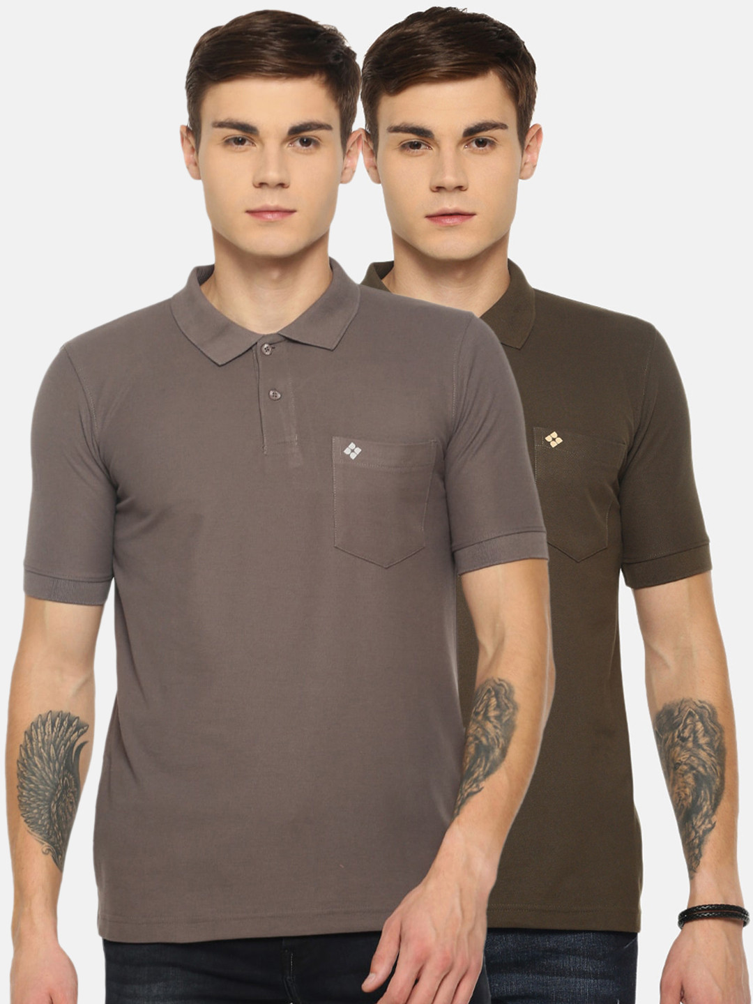 Dollar Men Pack Of 2 Grey & Brown Solid Polo Collar T-shirts