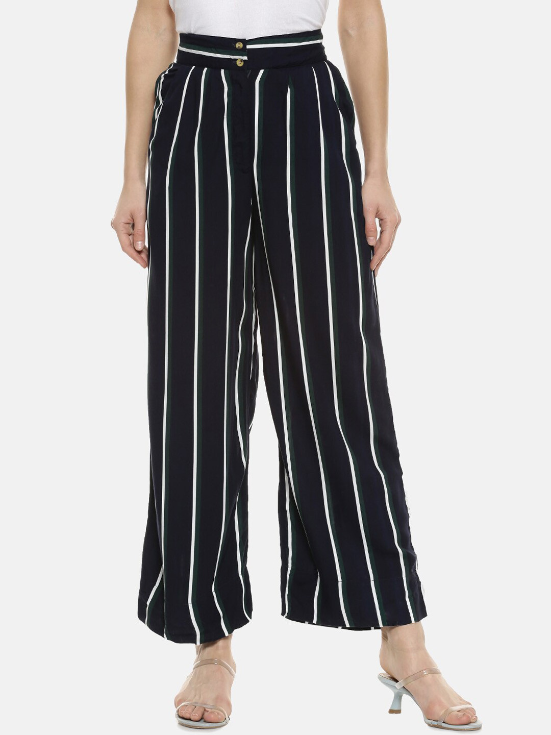 Campus Sutra Women Navy Blue & White Flared Striped Parallel Trousers