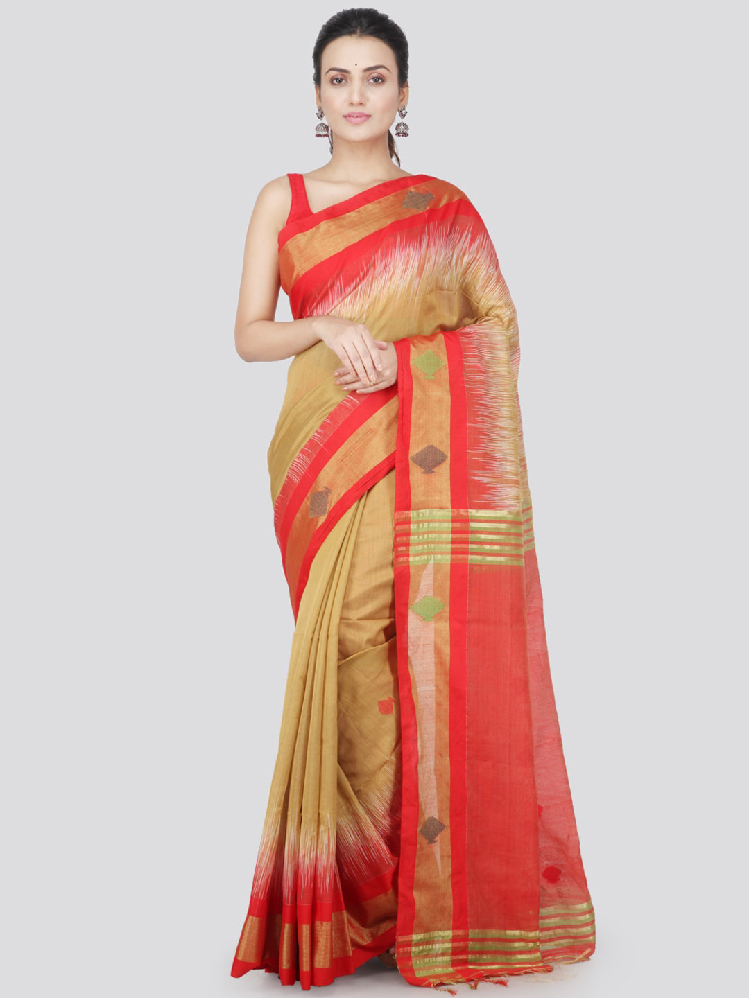 PinkLoom Beige & Red Cotton Blend Woven Design Handloom Sustainable Saree