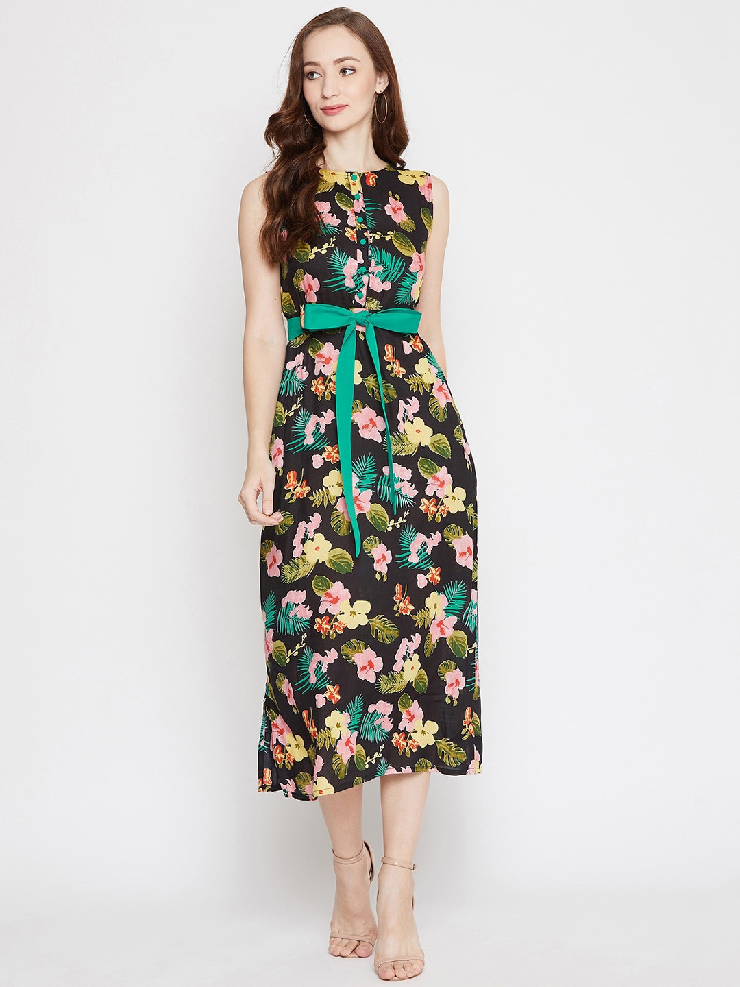 WineRed Women Black Printed A-line Dress