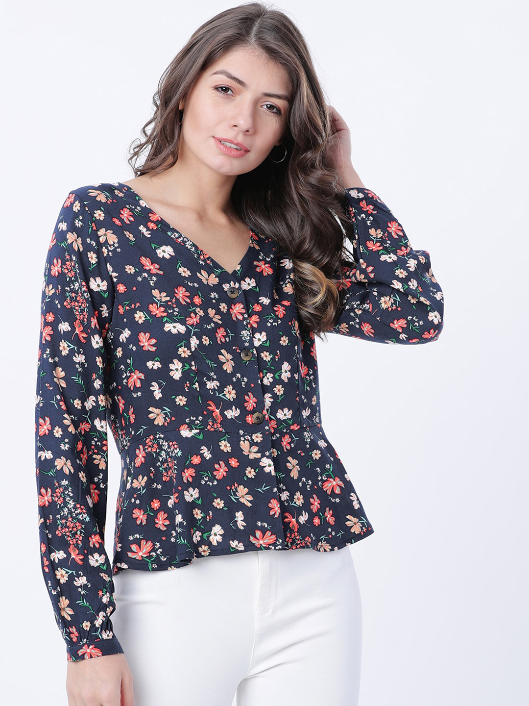Tokyo Talkies Women Navy Blue Printed Wrap Top