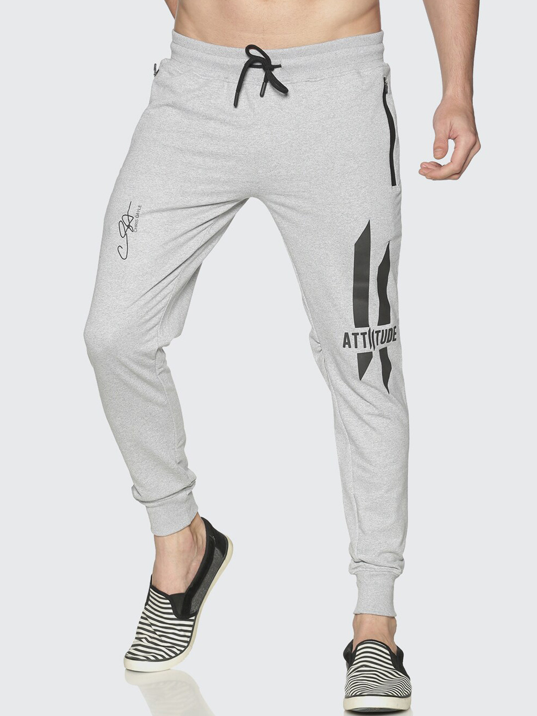 ATTIITUDE Men Grey Brand Logo Slim Fit Joggers