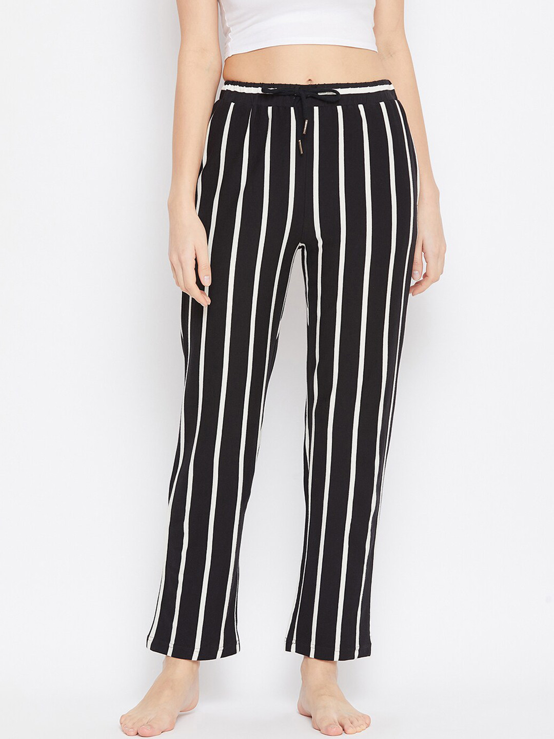 Hypernation Women Black & Off White Striped Cotton Pyjama