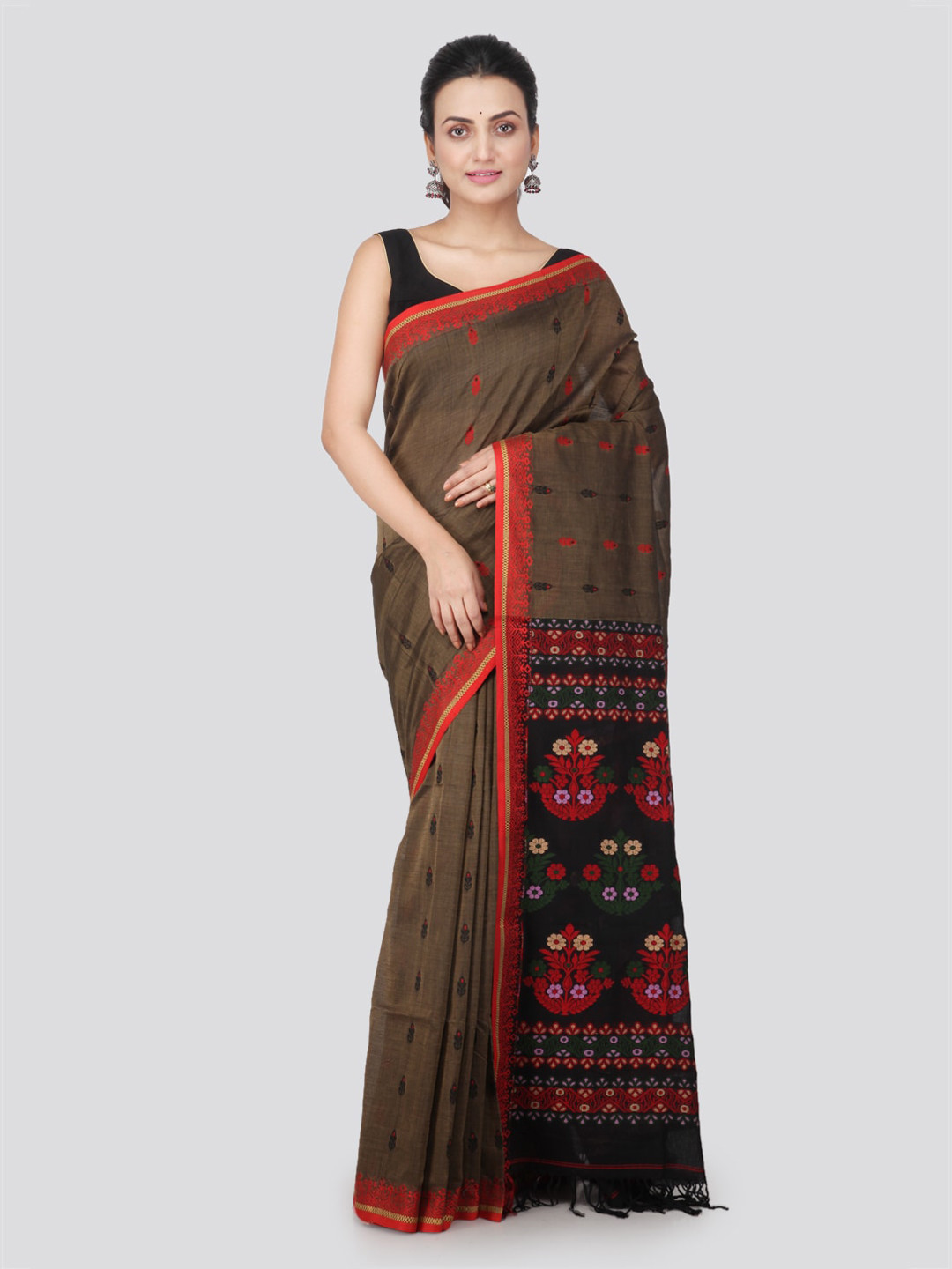 PinkLoom Brown Pure Cotton Woven Design Handloom Saree