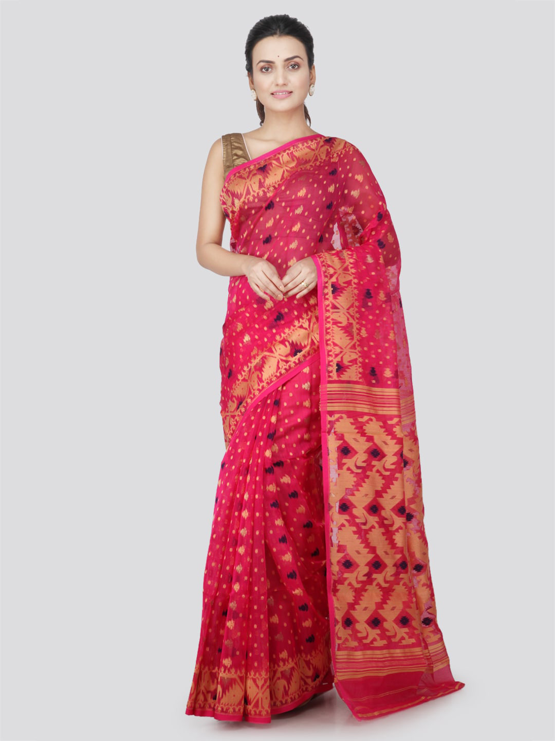 PinkLoom Pink Pure Cotton Woven Design Jamdani Sustainable Saree