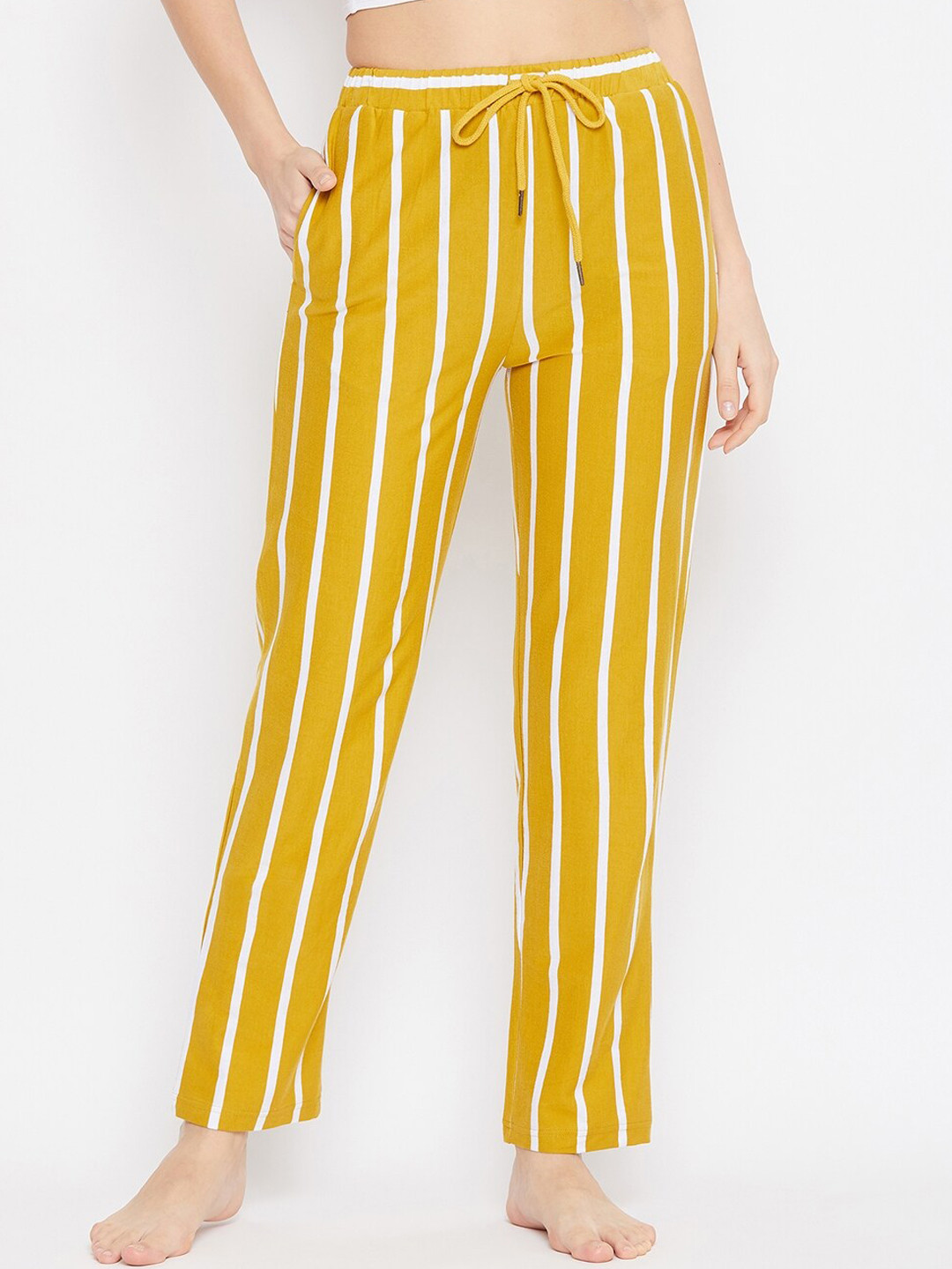 Hypernation Women Yellow & Off White Striped Cotton Pyjama
