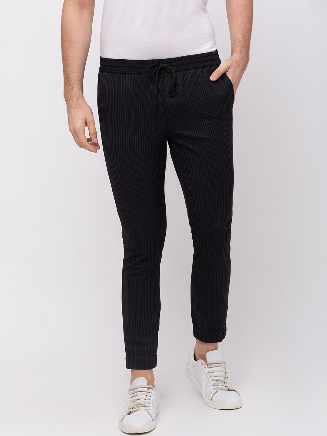 Kenneth Cole Men Black Striped Slim-Fit Track Pants