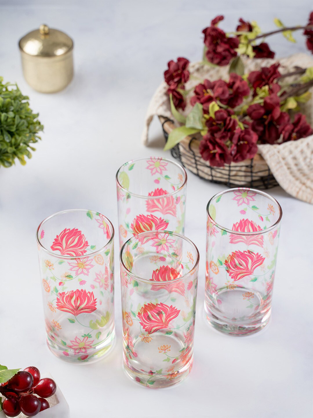 KOLOROBIA Set Of 4 Transparent & Red Ornate Mughal Glass Tumbler 250 ml