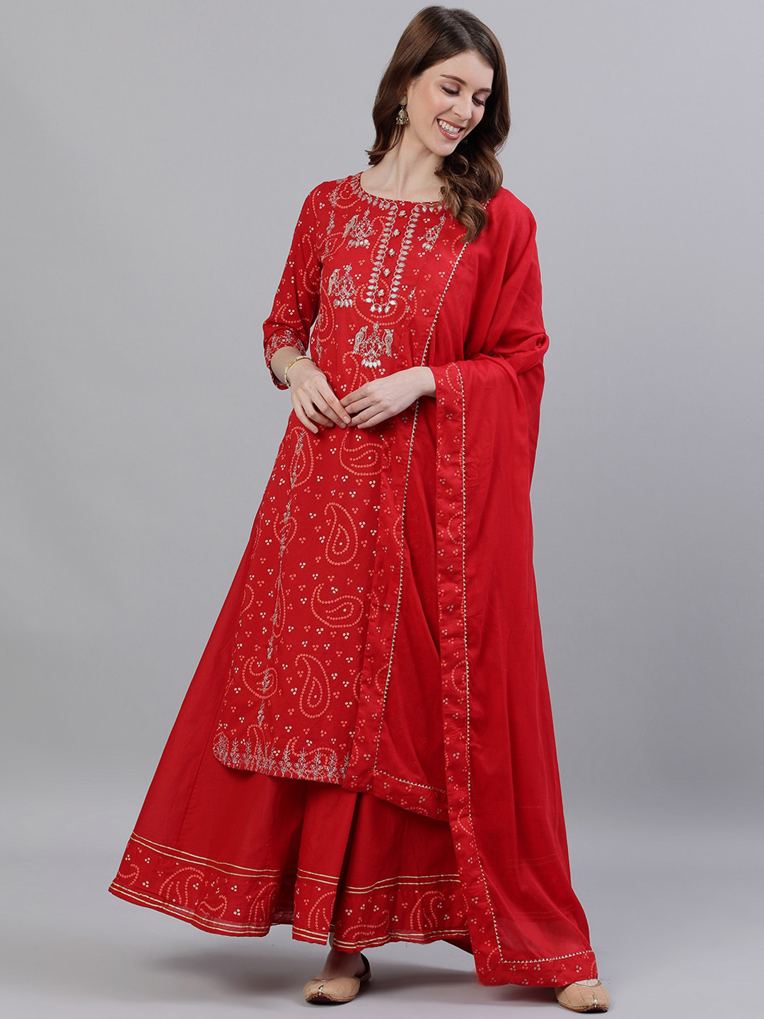 Ishin Women Red Embroidered Kurta with Sharara & Dupatta