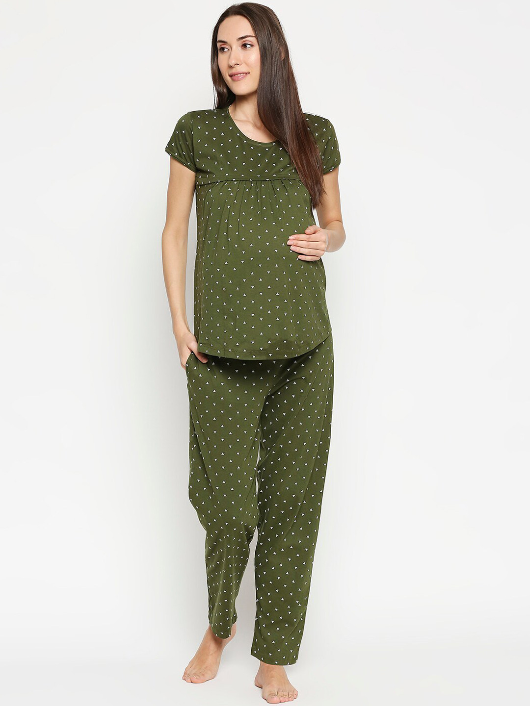AV2 Women Olive Green & White Printed Maternity Cotton Night Suit
