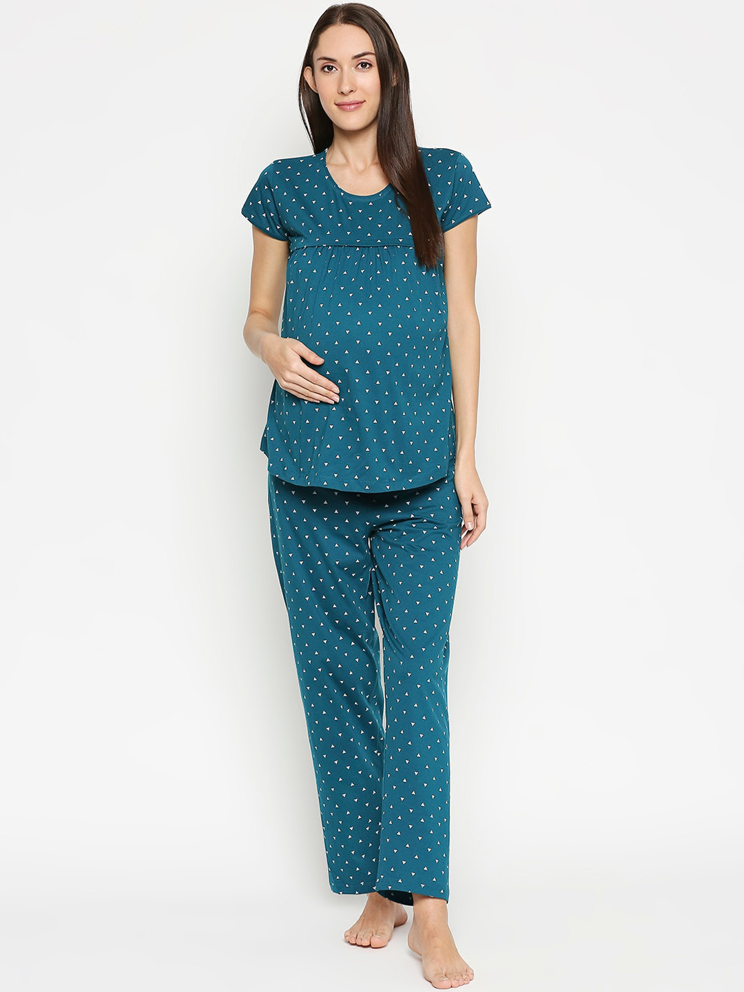 AV2 Women Teal Blue & Yellow Printed Maternity Night Suit