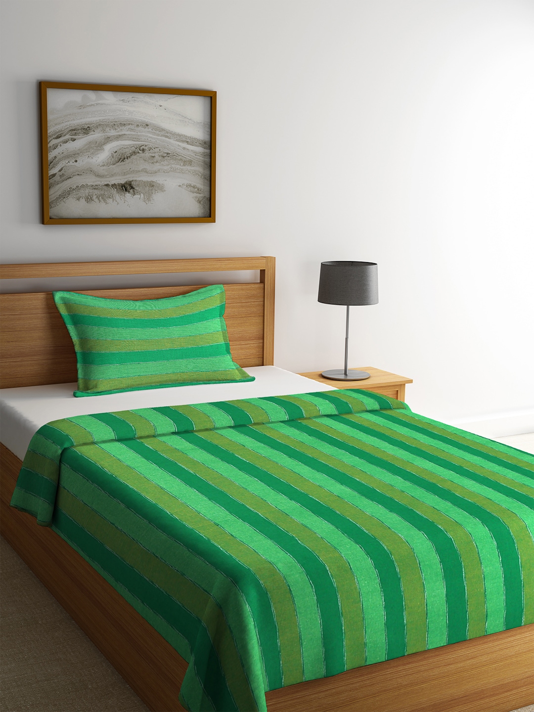 KLOTTHE Green Striped Single Bed Cover with Pillow Cover