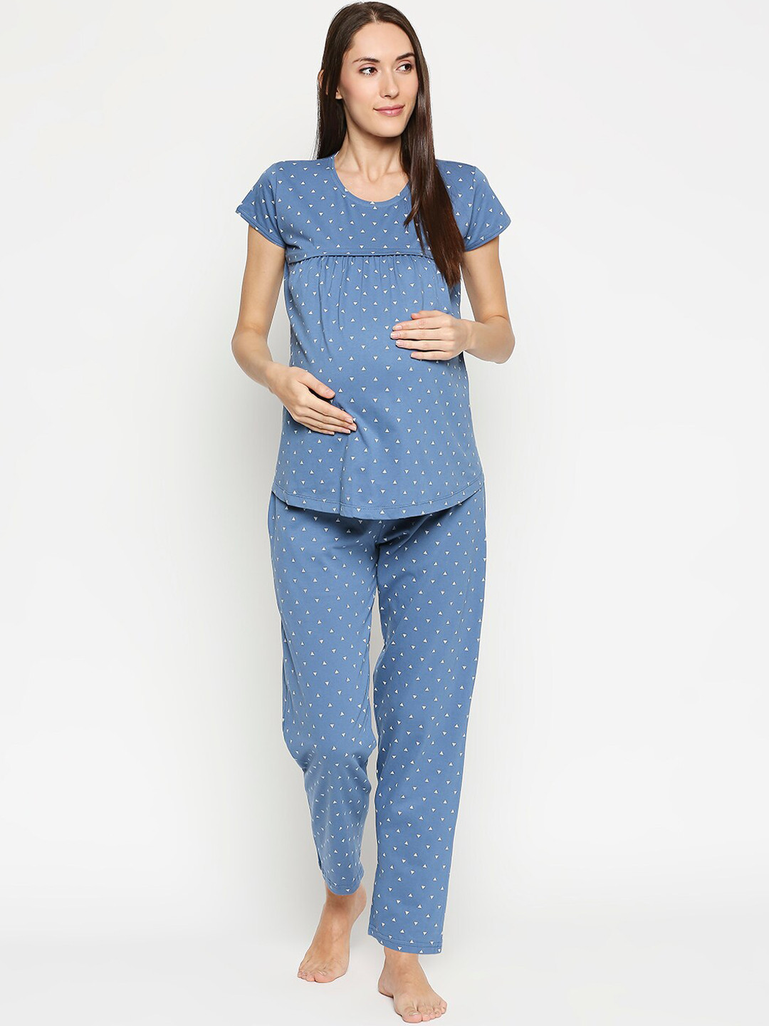 AV2 Women Blue & Yellow Printed Maternity Night Suit