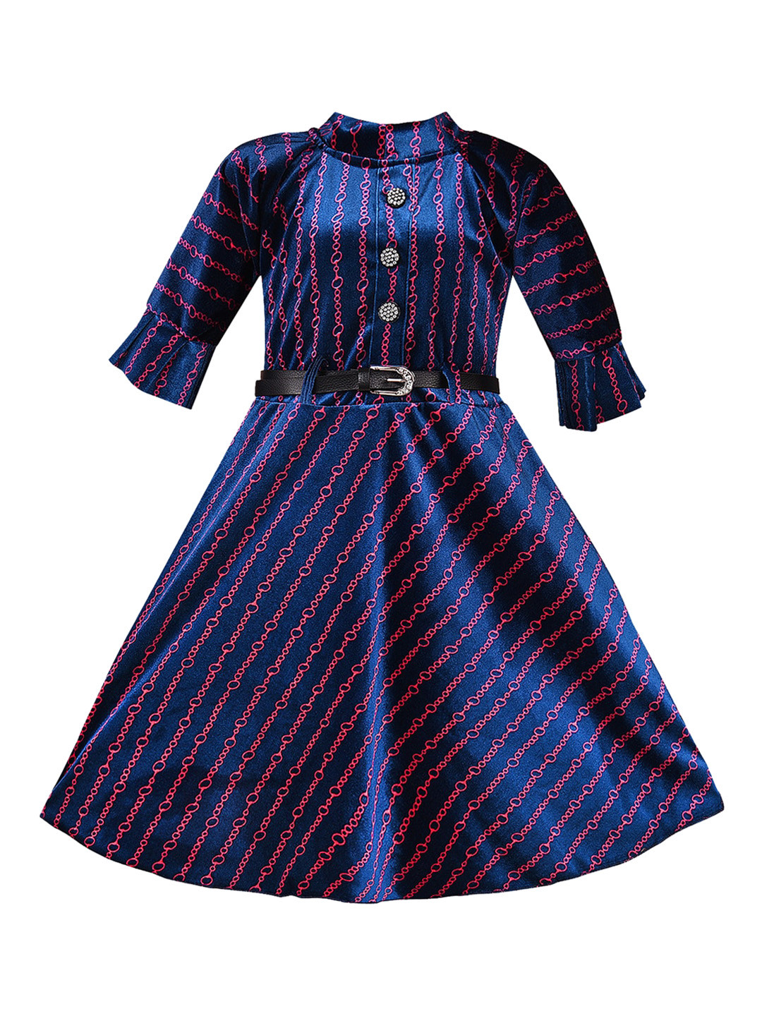 Wish Karo Girls Navy Blue & Red Printed Fit and Flare Dress