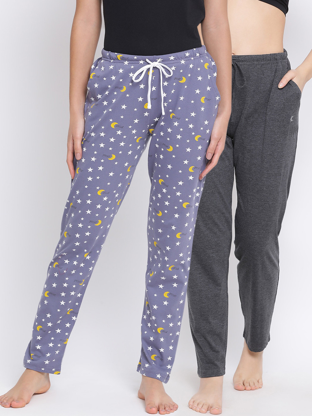 Kanvin Women Pack of 2 Grey & Purple Checked Lounge Pants