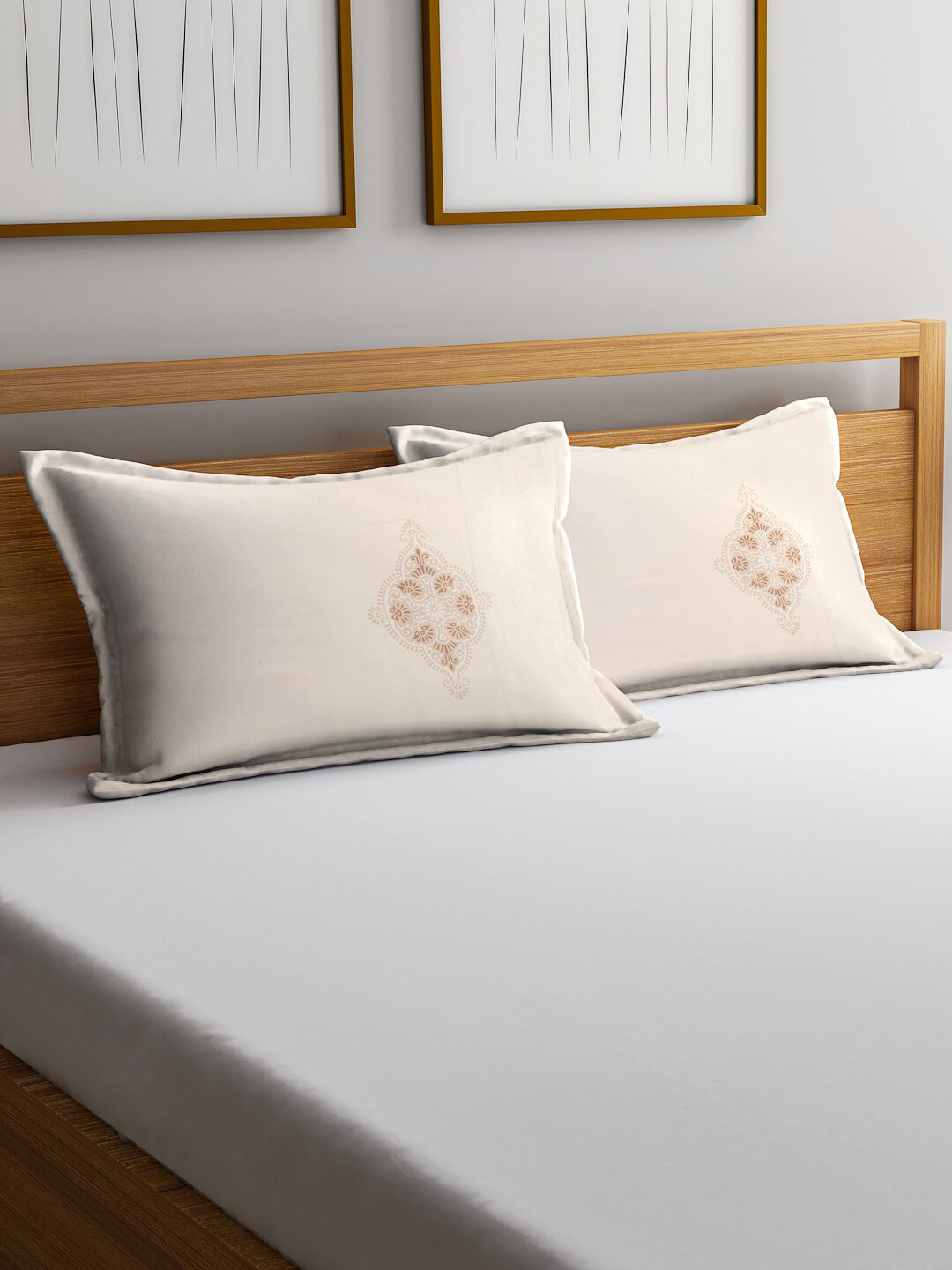 MYTRIDENT Set Of 2 Off-White  Beige Ethnic Motifs Print 210 TC Pillow Covers