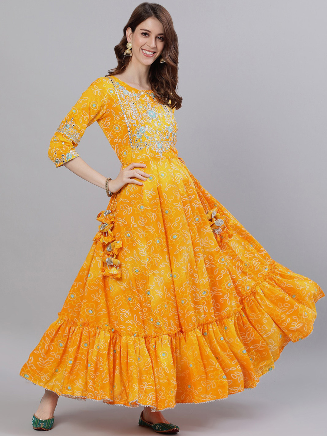 Ishin Women Yellow Printed Yoke Design Embellished Kurta