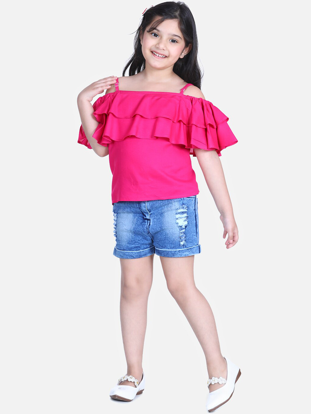 StyleStone Girls Pink & Blue Solid Top with Denim Shorts