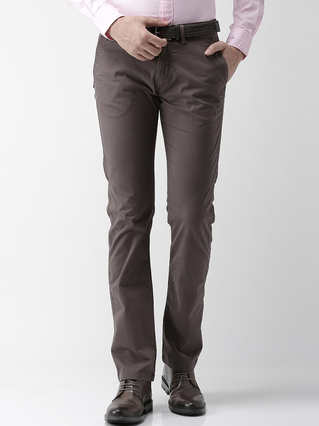 Celio Men Charcoal Straight Fit Solid Regular Trousers