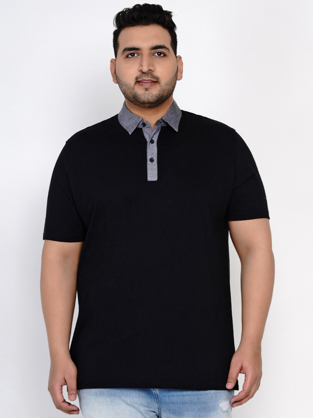 Santonio Men Plus Size Black Solid Polo Collar Tshirt