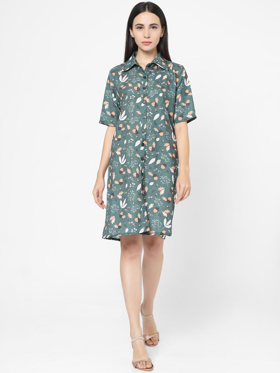 Smarty Pants Women Green Floral Printed Shirt Dress