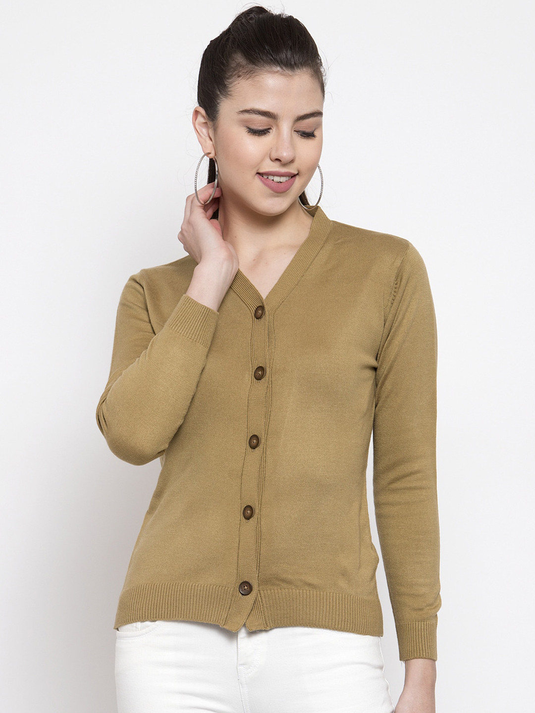 Kalt Women Camel Brown Solid Cardigan Sweater