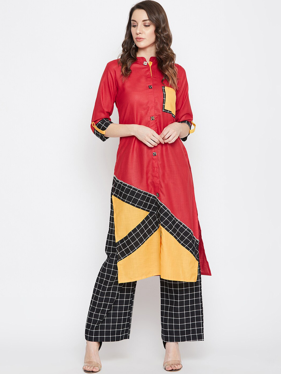 WineRed Women Red & Black Colourblocked Kurta with Palazzos
