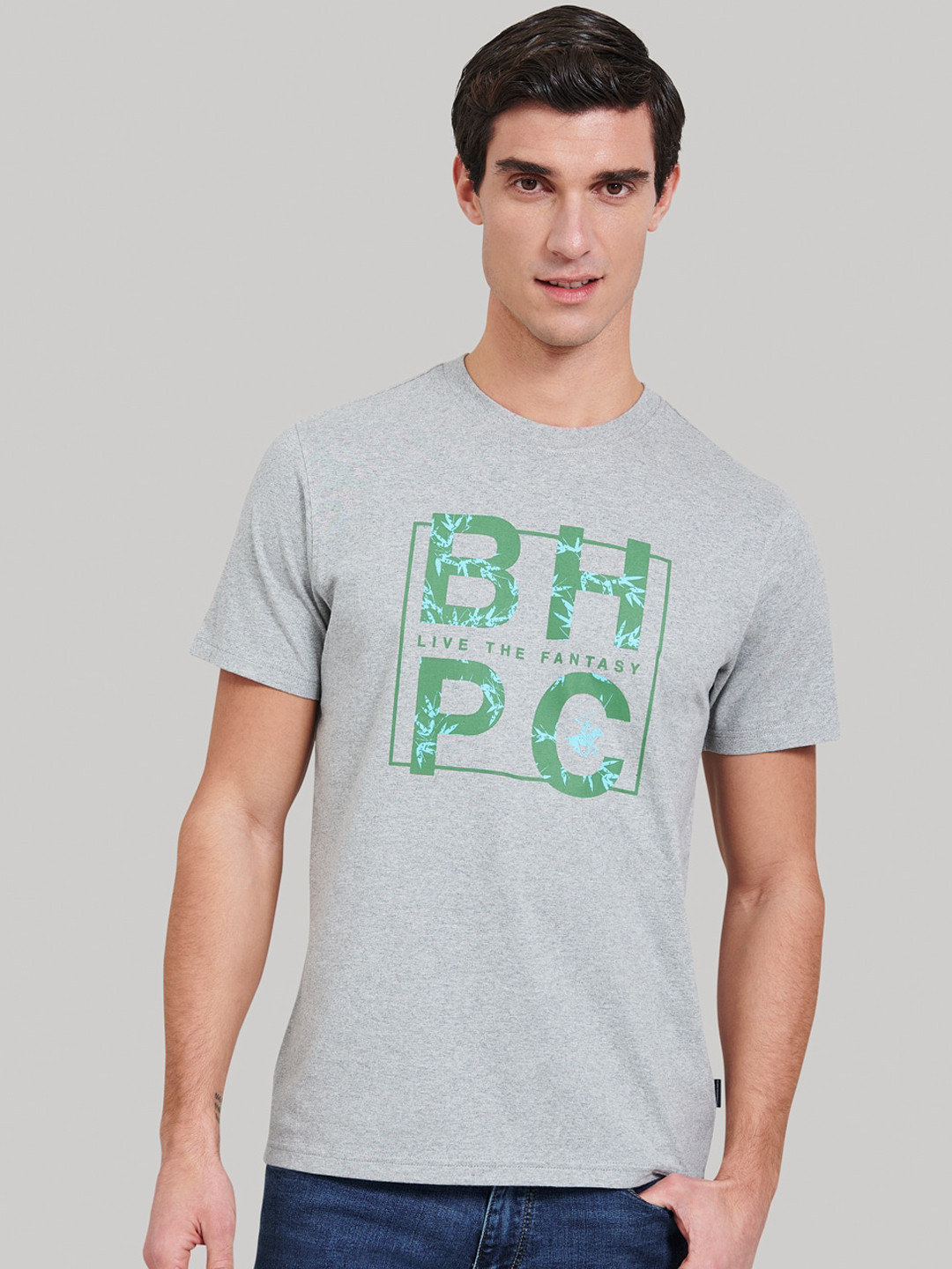 Beverly Hills Polo Club Men Grey Printed Round Neck T-shirt