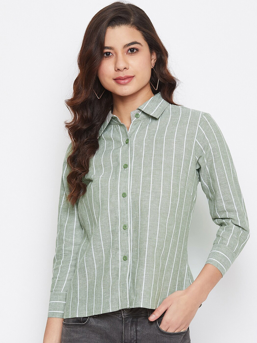 Imfashini Women Green Striped Shirt Style Top